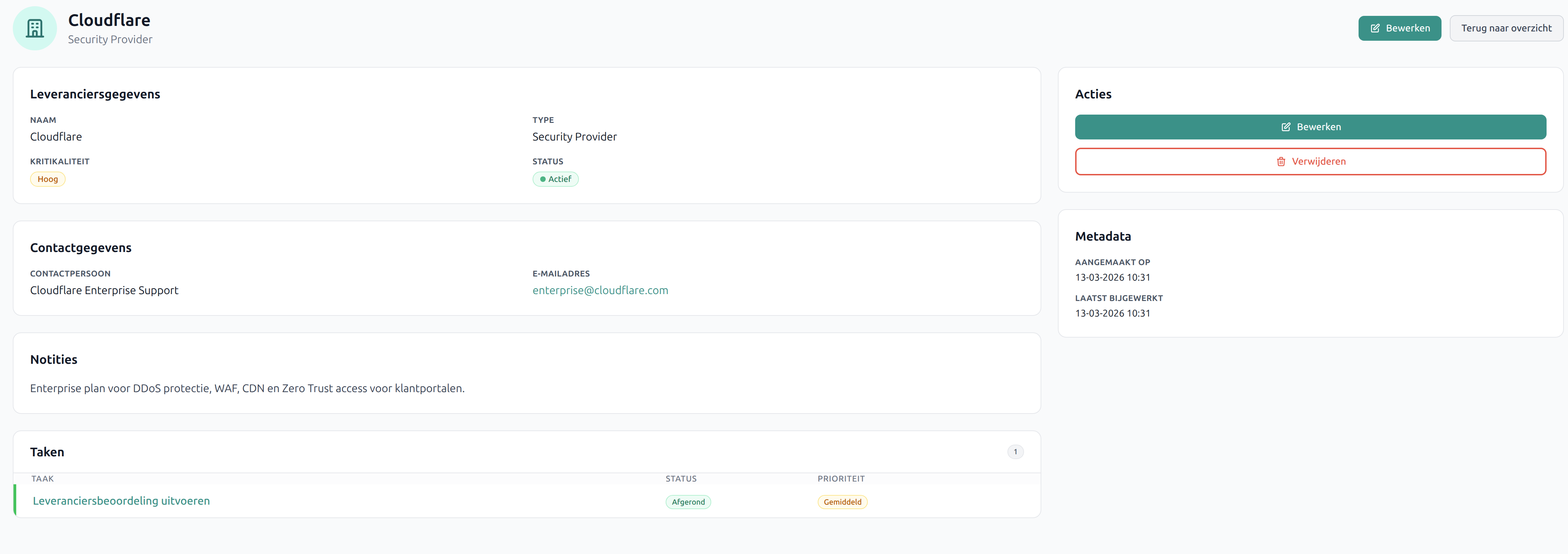 Leverancier detailpagina met contactgegevens en taken