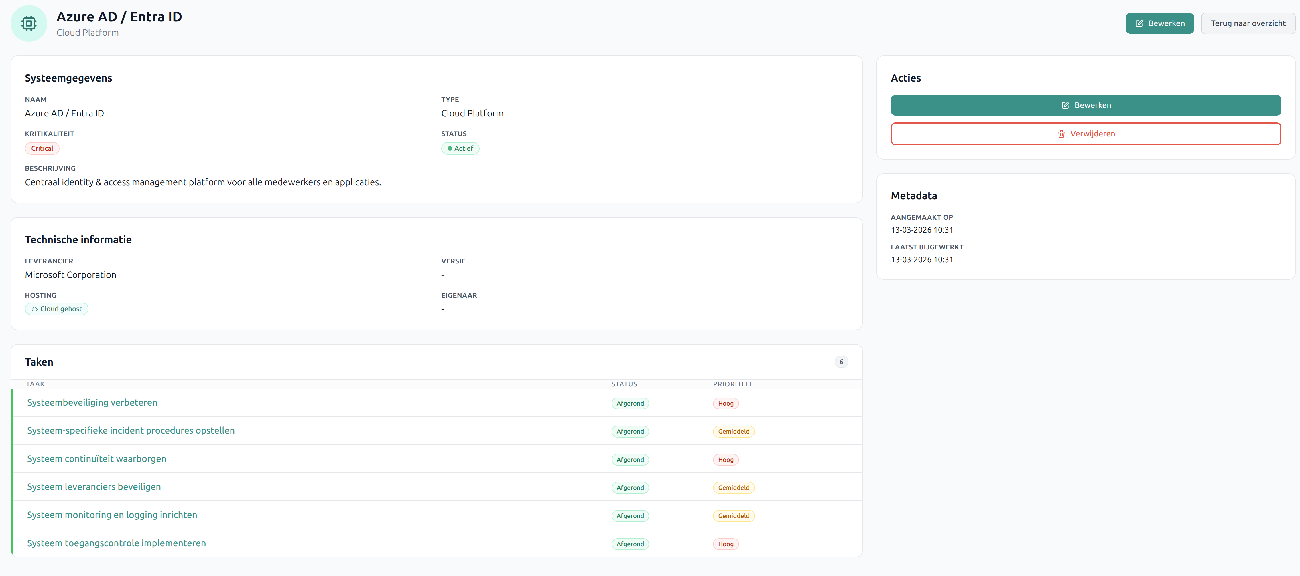 Systeem detailpagina met gekoppelde taken
