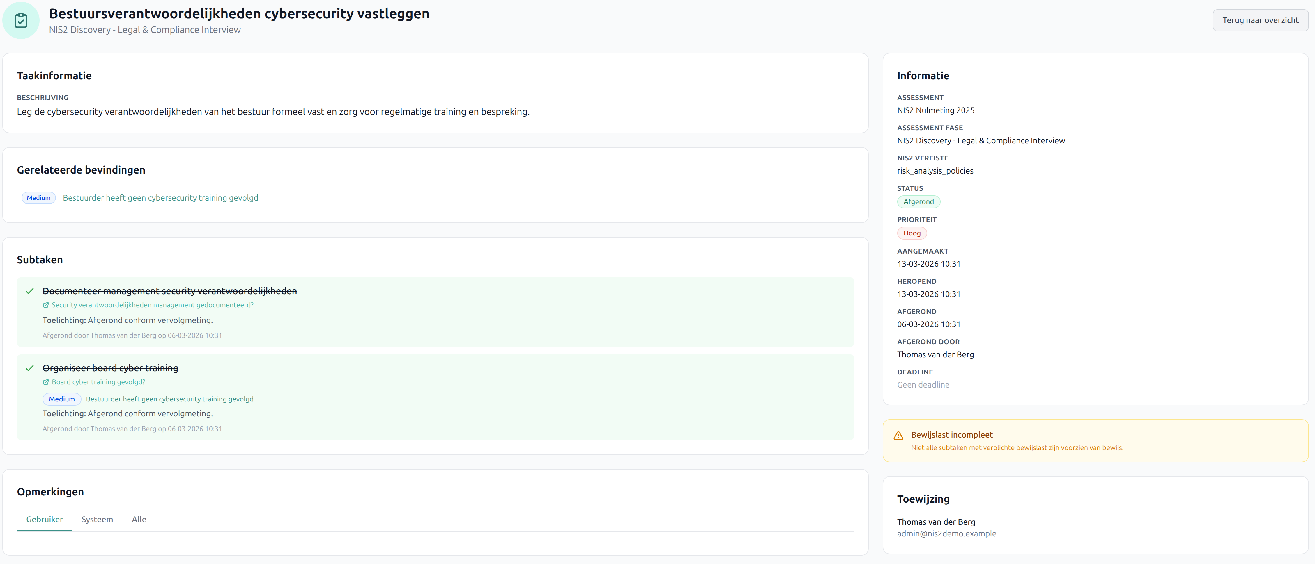 Taak detailpagina met bevindingen, subtaken en toewijzing
